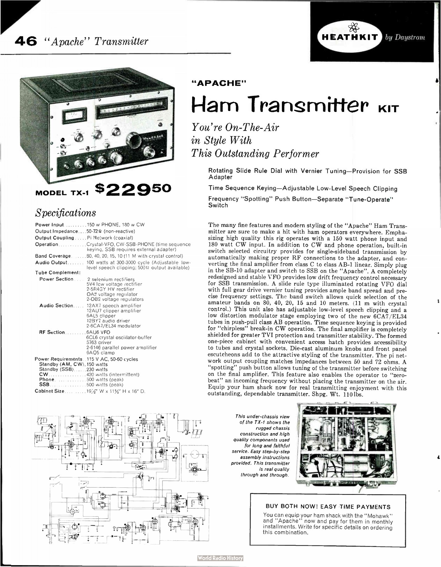 Figure 8 — The Apache TX-1 at $229.50 in 1959: the DX-100B's successor as flagship, with time-sequence keying, speech clipping, EL34 modulators and built-in switching for the SB-10 sideband adapter.