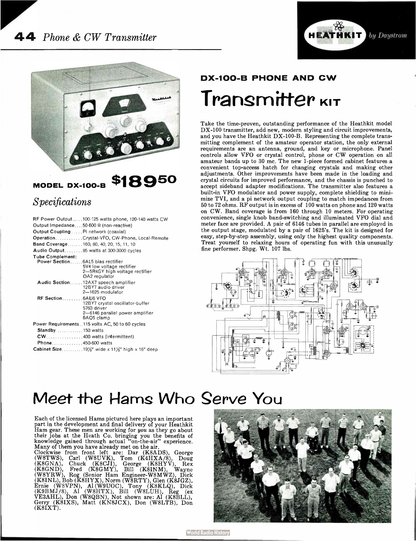 Figure 4 — The DX-100-B in the 1959 catalogue at $189.50. The copy notes the one-piece formed cabinet with its top-access hatch, improvements to the loading and crystal circuits, and - the reason for the revi…