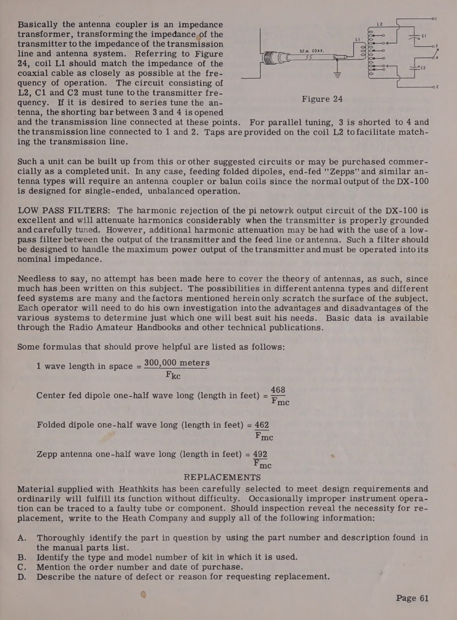 Figure 7 — The manual's antenna page: the coupler circuit, the low-pass filter recommendation, and the wavelength formulas a 1955 builder needed to cut a dipole.