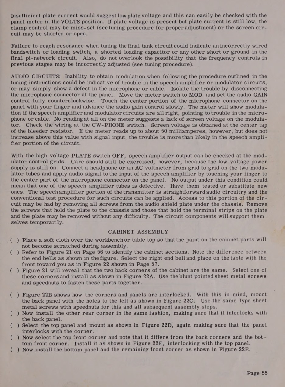 Figure 12 — "In case of difficulty": Heath's own fault-finding page, organised around the tune-up. Insufficient anode current suggests low anode voltage; failure to reach resonance suggests a wiring error, a s…