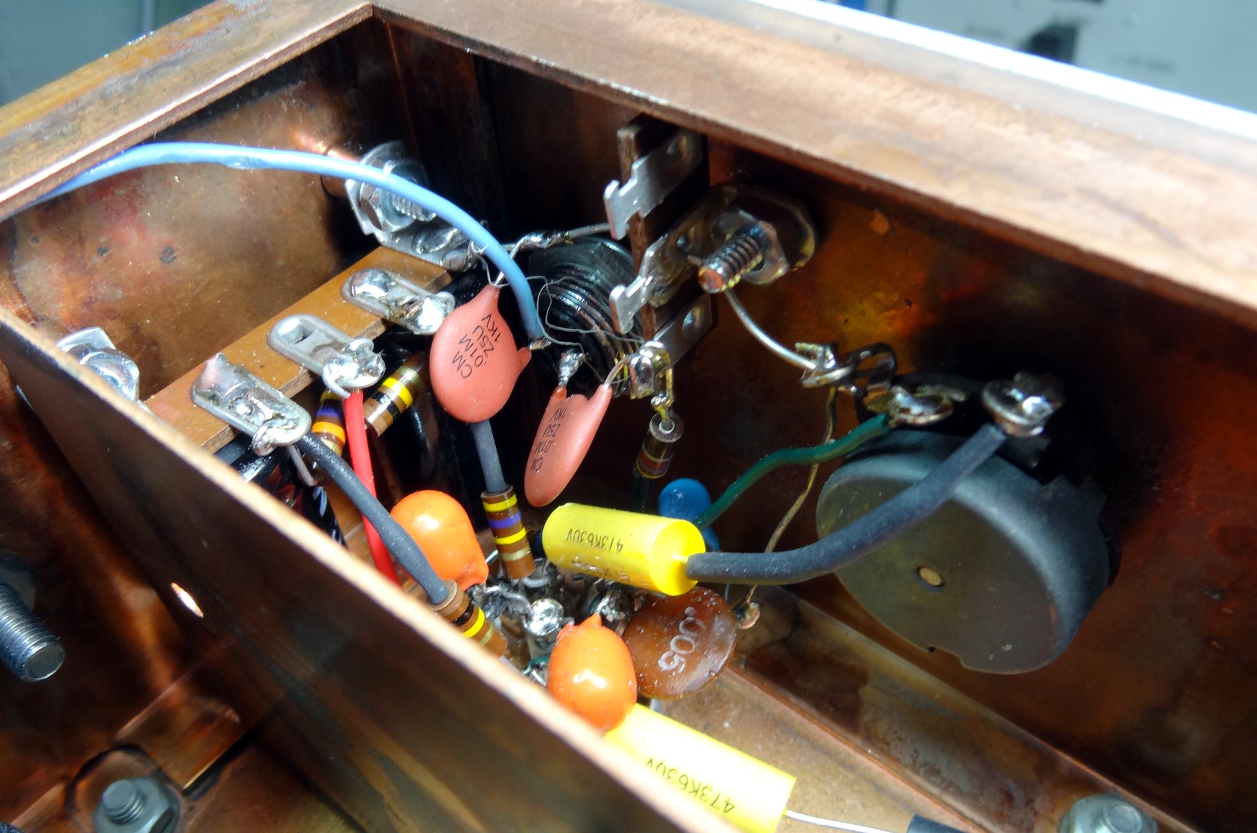 Figure 11 — The low-level modulator section rebuilt, with new coupling and bypass capacitors and a regulated screen supply for the 1625s. The original arrangement takes the modulator screens from the centre ta…