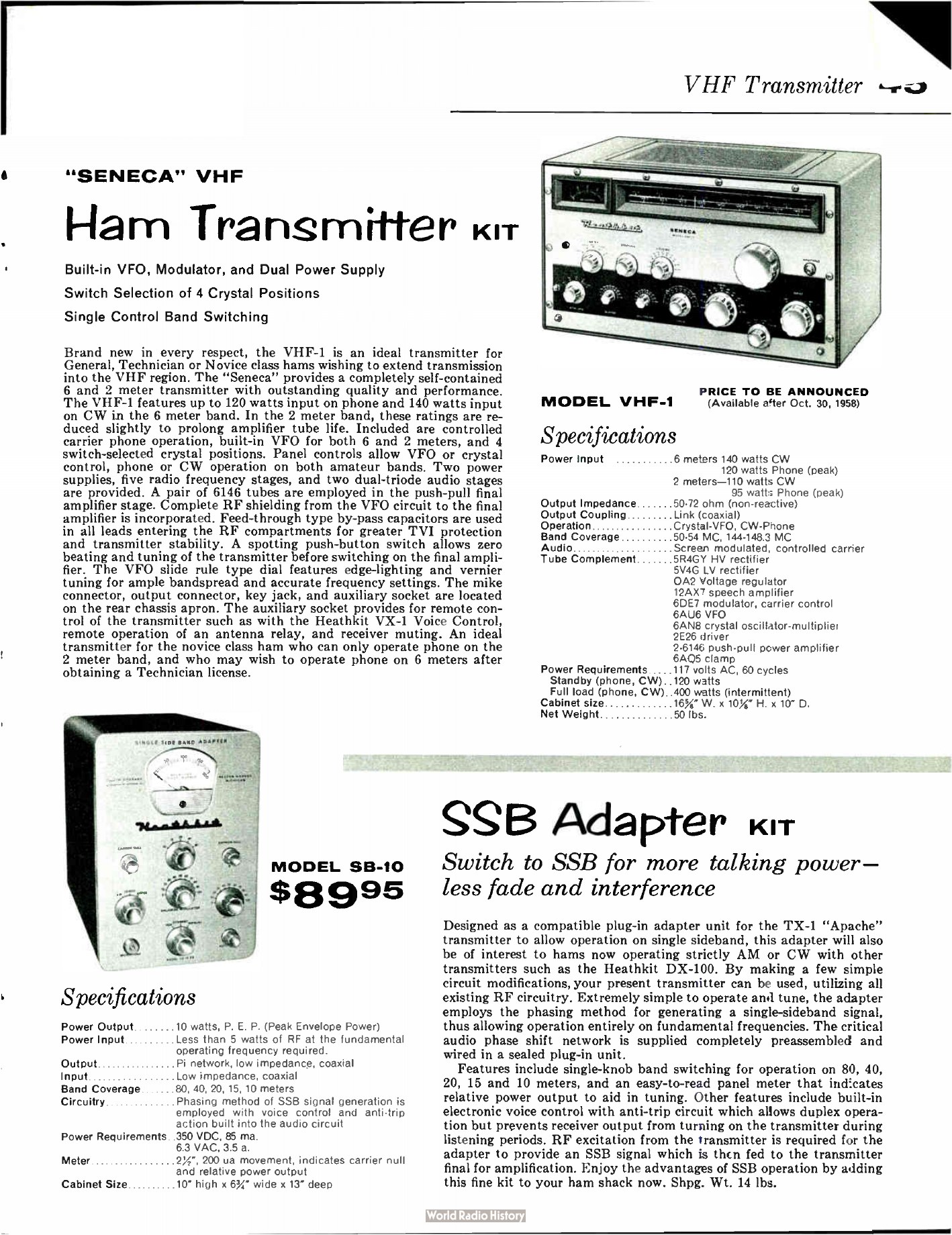 Figure 8 — The 1959 catalogue page carrying the SB-10 at $89.95 alongside the Seneca VHF-1. The SB-10's specification table gives 10 watts peak envelope power and lists the phasing network as supplied pre-ass…