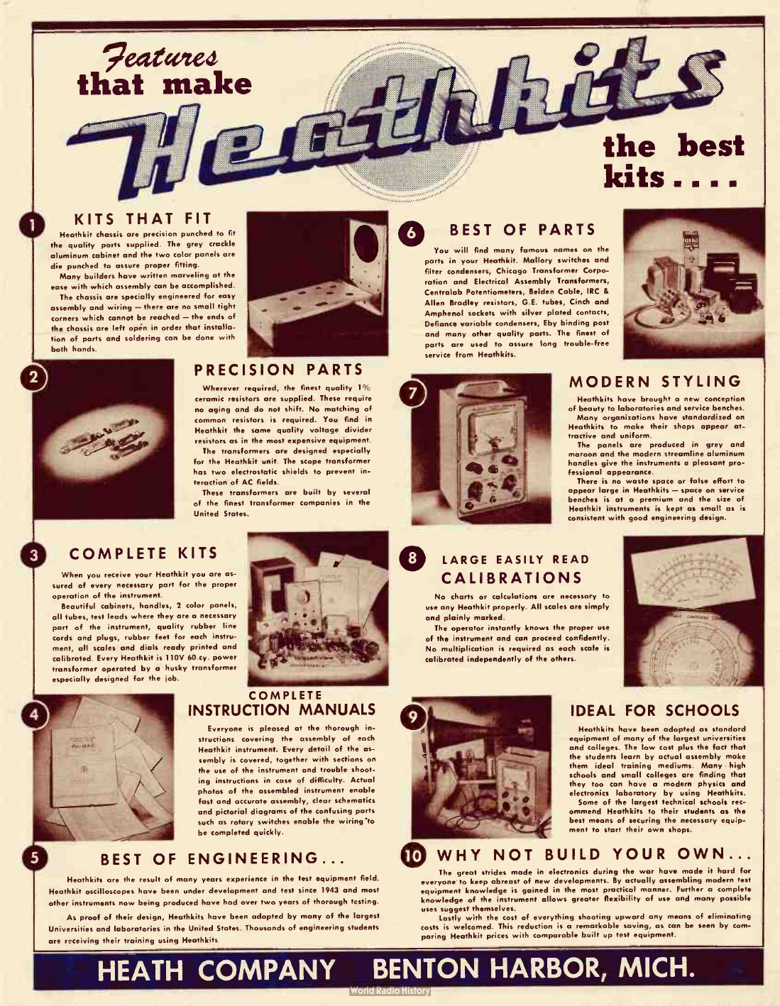 Figure 3 — "Features that make Heathkits the best kits", a 1948 flyer aimed at schools and laboratories. Panel 9, "Ideal for Schools", claims that Heathkits were "standard equipment of many of the largest uni…