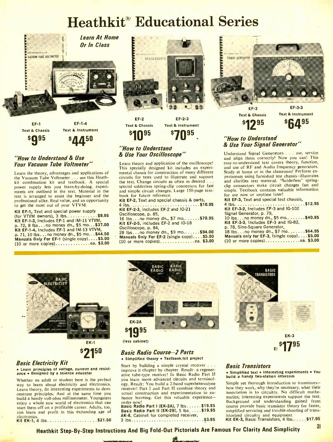 Figure 5 — "Heathkit Educational Series — Learn At Home Or In Class", 1969. Top: the EF-1, EF-2 and EF-3 "How to Understand & Use" courses for the VTVM, oscilloscope and signal generator, each sold alone or w…