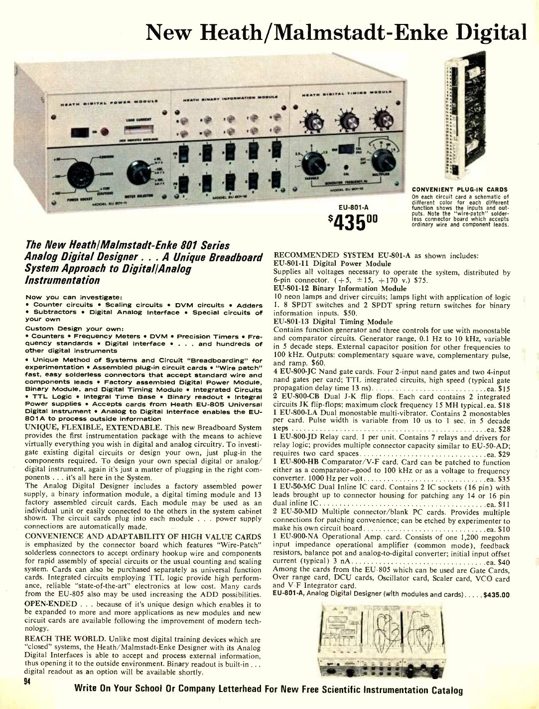 Figure 8 — "New Heath/Malmstadt-Enke Digital", 1969: the EU-801A Analog Digital Designer ($435), a modular breadboard system with plug-in TTL cards and "wire-patch" solderless connector boards, above the EU-8…