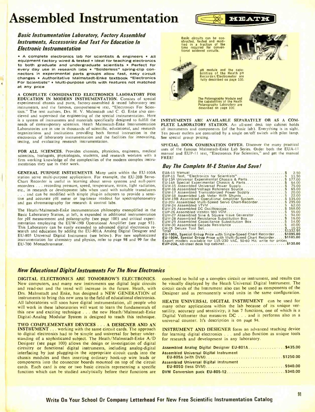 Figure 7 — "Assembled Instrumentation", 1969: the Basic Instrumentation Laboratory, with the full parts list of the EU-100A station. The individual prices (EUW-15 universal power supply $75.00, EUW-19B operat…
