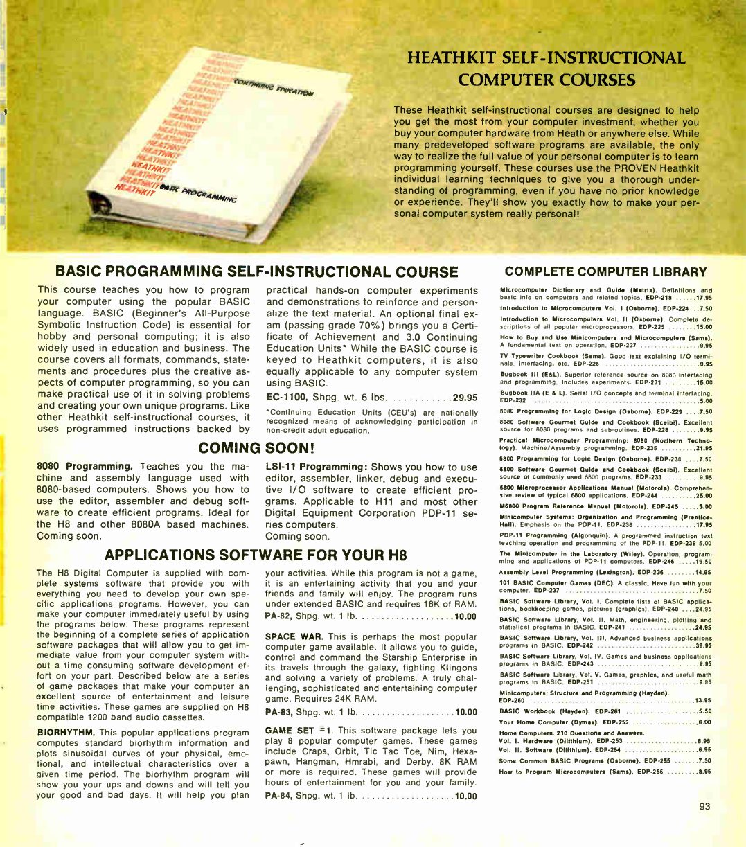 Figure 4 — "Heathkit Self-Instructional Computer Courses", Winter 1978: the EC-1100 BASIC Programming course ($29.95, 3.0 CEUs), "coming soon" notices for 8080 programming and LSI-11 programming courses, and …