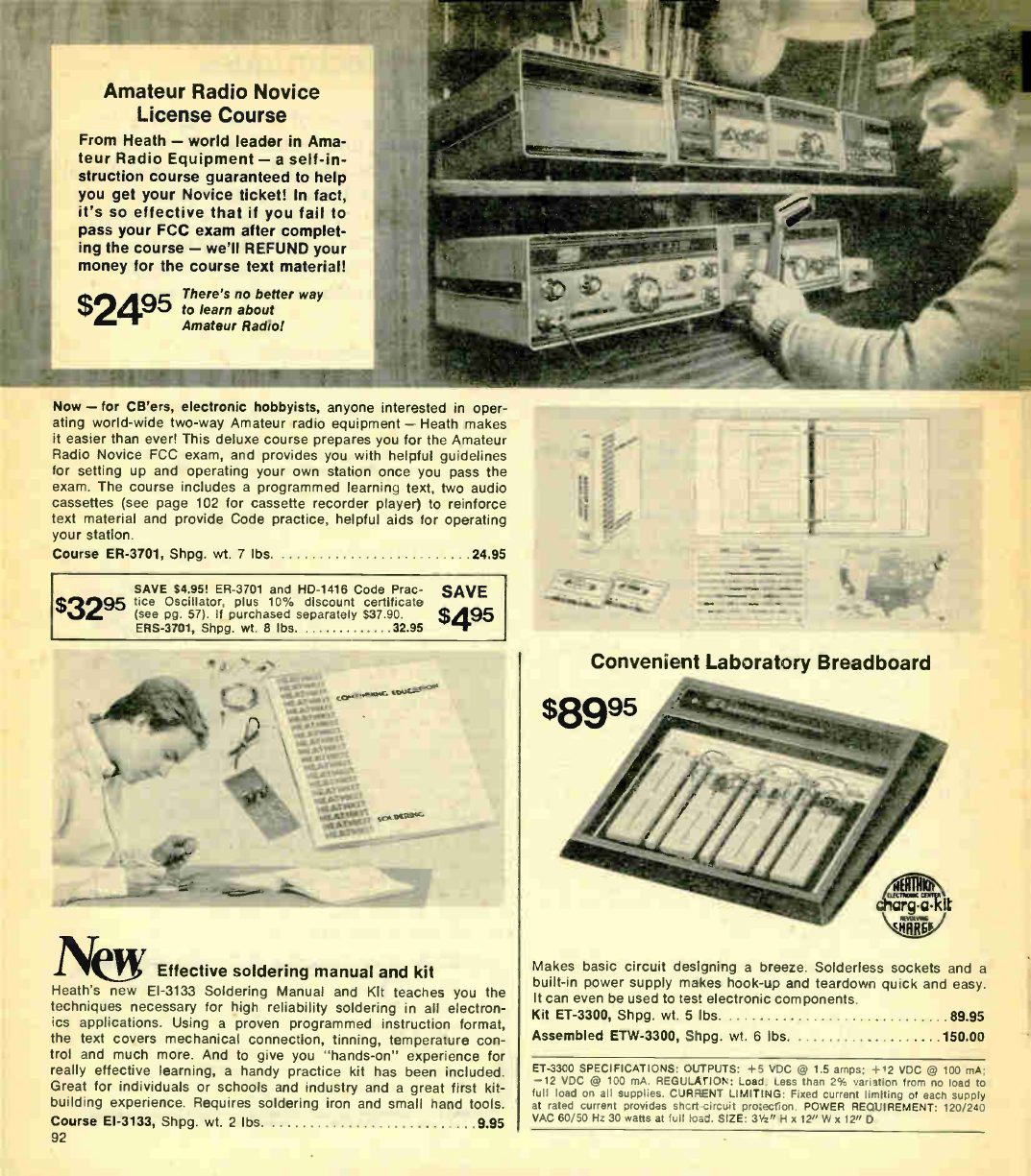 Figure 3 — Winter 1978. Top: the ER-3701 Amateur Radio Novice License Course, $24.95, with Heath's promise to refund the course if the student failed the FCC examination. Bottom: the EI-3133 Self-Instructiona…