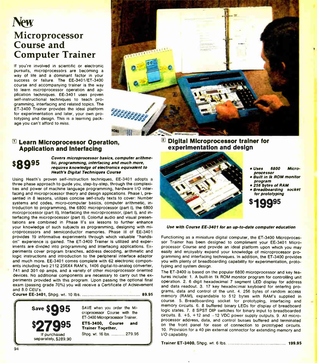 Figure 5 — "New Microprocessor Course and Computer Trainer", Winter 1978: the EE-3401 course ($89.95) with its programmed-text phase, audio-visual flip charts and experiments, and the ET-3400 trainer kit ($19…