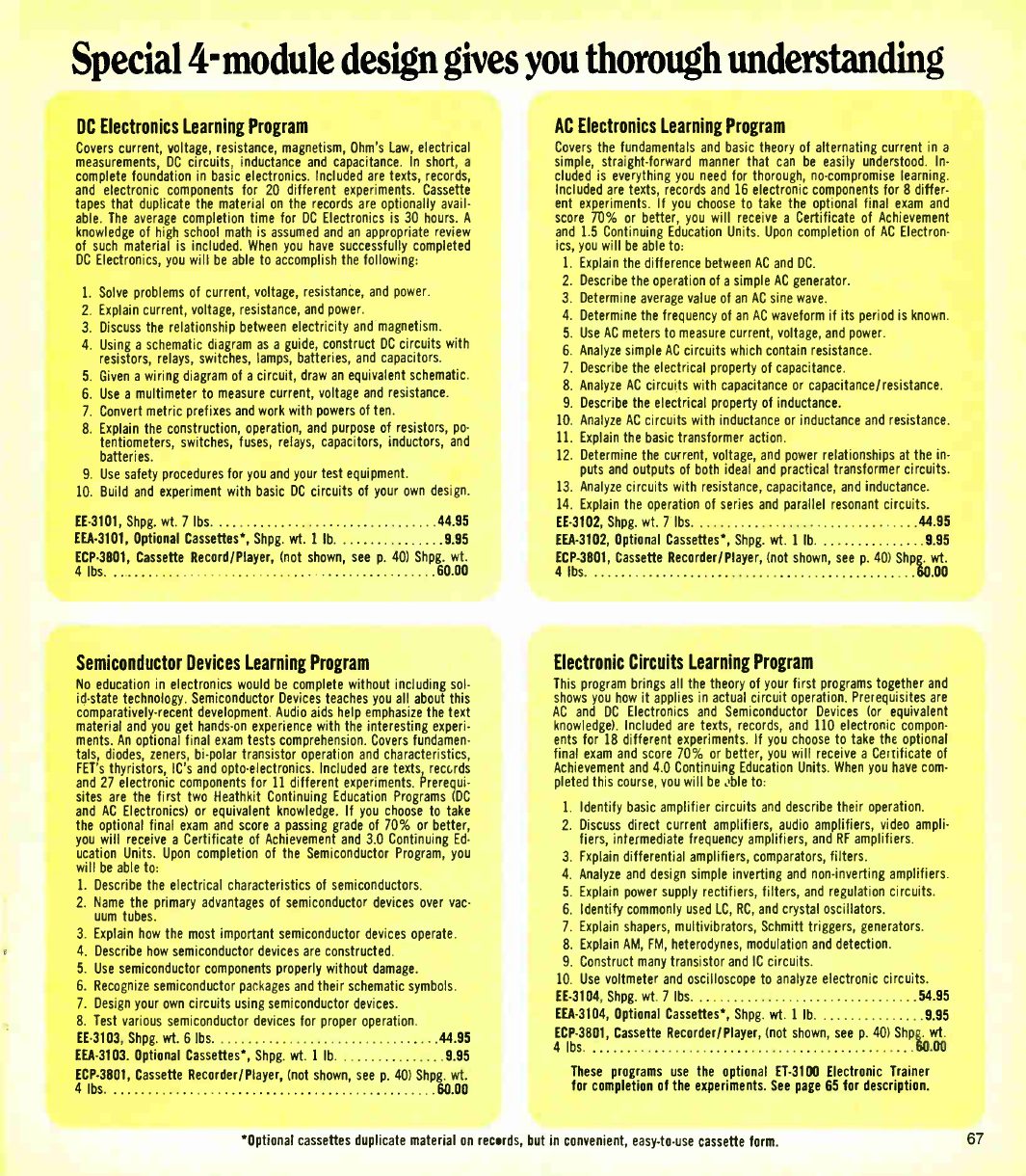 Figure 9 — "Special 4-module design gives you thorough understanding", Fall 1979: the objectives of the four basic courses (DC, AC, Semiconductor Devices, Electronic Circuits) set out as numbered learning goa…