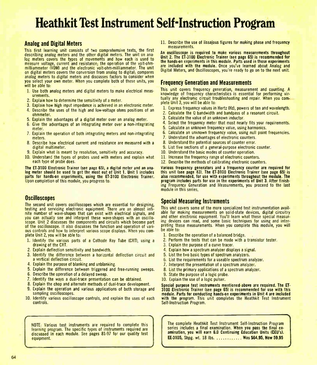 Figure 7 — "Heathkit Test Instrument Self-Instruction Program", Fall 1979: the objectives of the four EE-3105 modules (analog and digital meters; oscilloscopes; frequency generation and measurements; special …