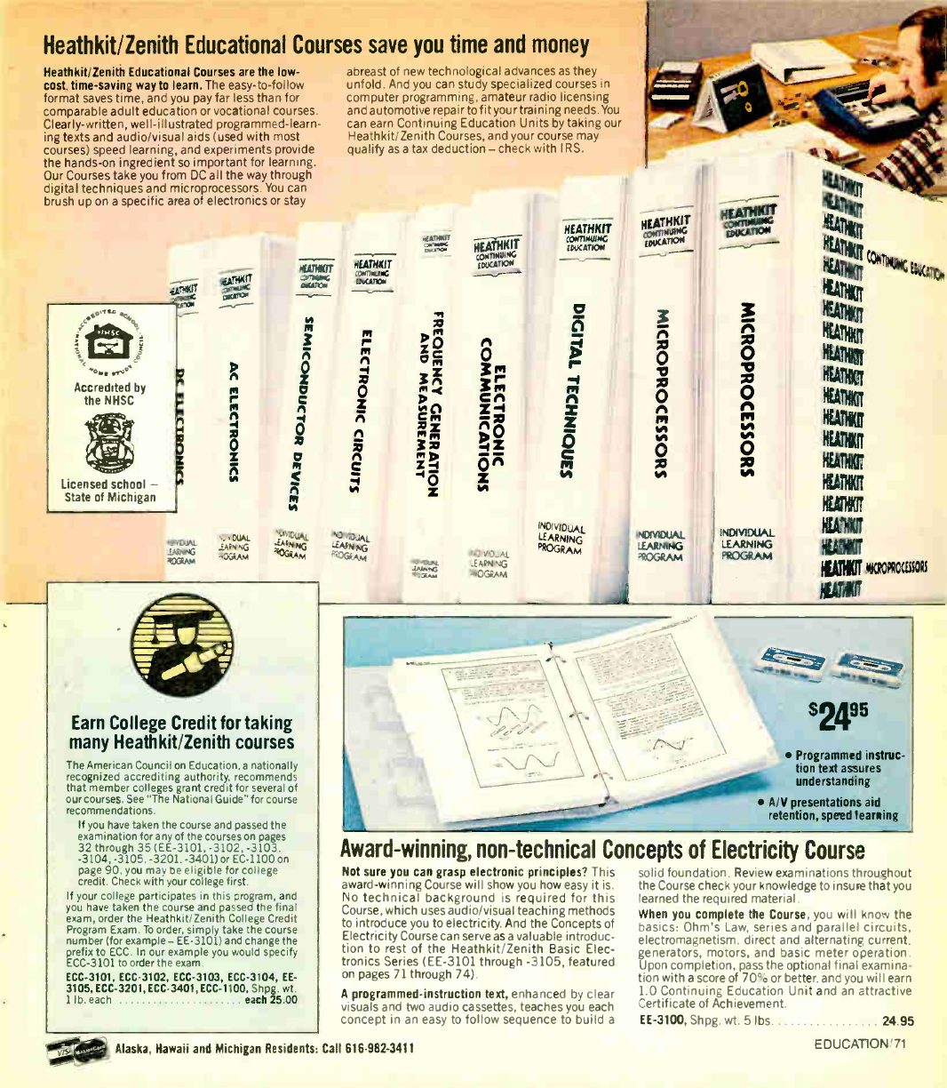 Figure 3 — "Heathkit/Zenith Educational Courses save you time and money", Winter 1981–82: the course binders on a shelf, with the "Accredited by the NHSC" and "Licensed school — State of Michigan" badges at l…