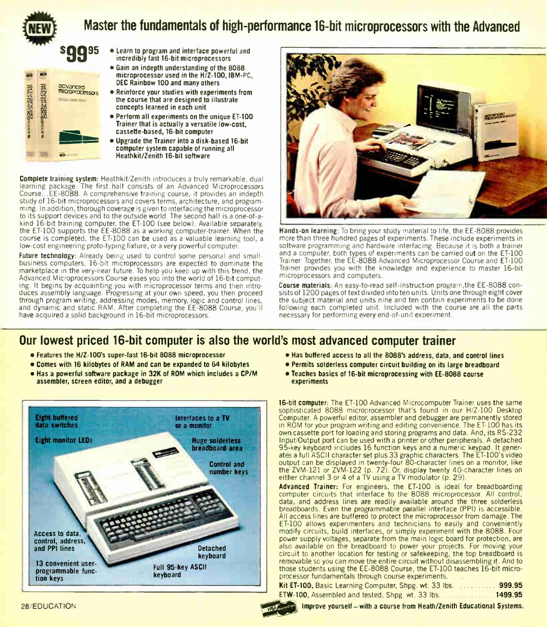 Figure 6 — "Master the fundamentals of high-performance 16-bit microprocessors", Fall 1983: the EE-8088 Advanced Microprocessor course ($99.95) and the ET-100 16-bit trainer, "our lowest priced 16-bit compute…