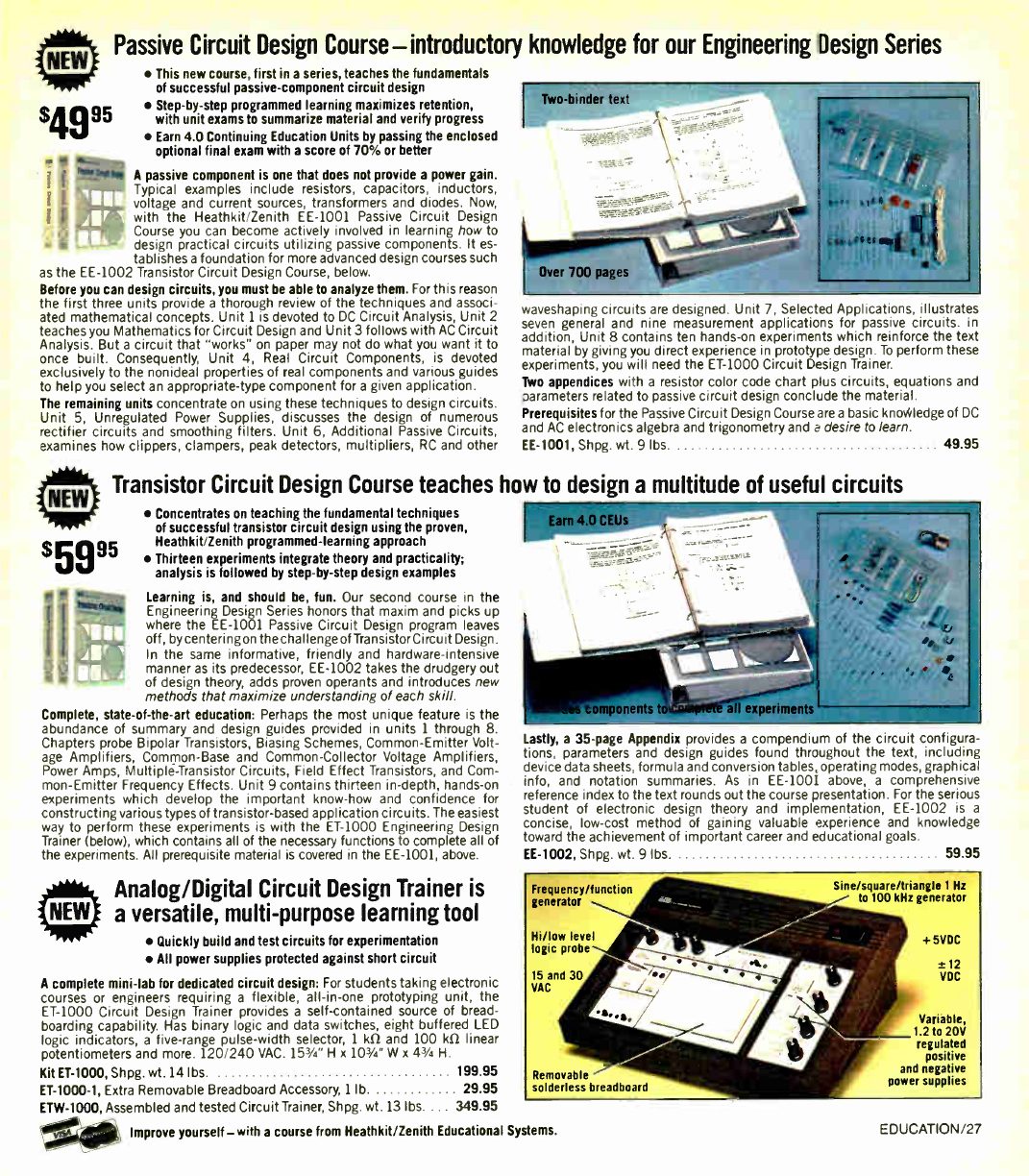 Figure 7 — The Engineering Design Series, Fall 1983: EE-1001 Passive Circuit Design ($49.95), EE-1002 Transistor Circuit Design ($59.95), and at the foot the ET-1000 Analog/Digital Circuit Design Trainer, "a …