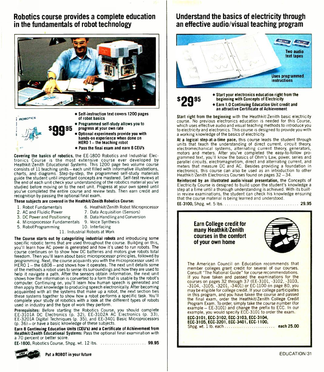 Figure 8 — "Robotics course provides a complete education in the fundamentals of robot technology", Fall 1983: the EE-1800 Robotics and Industrial Electronics course ($99.95; "self-instruction text covers 120…