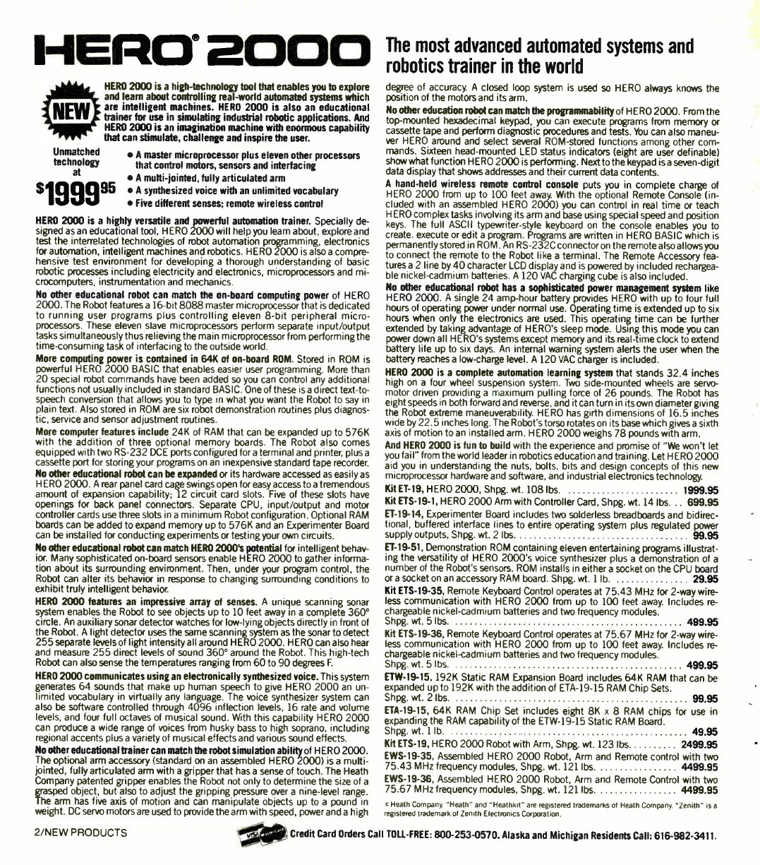 Figure 9 — "HERO 2000 — The most advanced automated systems and robotics trainer in the world", Spring–Summer 1986: kit $1,999.95. The copy describes it as "a highly versatile and powerful automation trainer"…