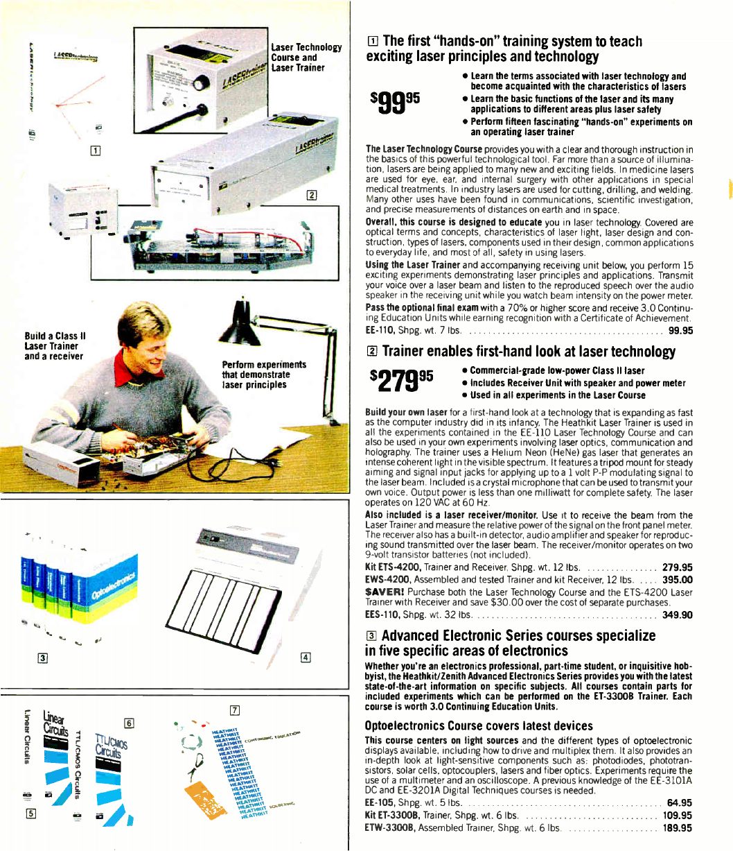 Figure 10 — The EE-110 Laser Technology course ($99.95) and the ETS-4200 Laser Trainer and receiver ($279.95 as a kit), Spring–Summer 1986: "Build a Class II laser trainer and a receiver". Below, the Advanced …