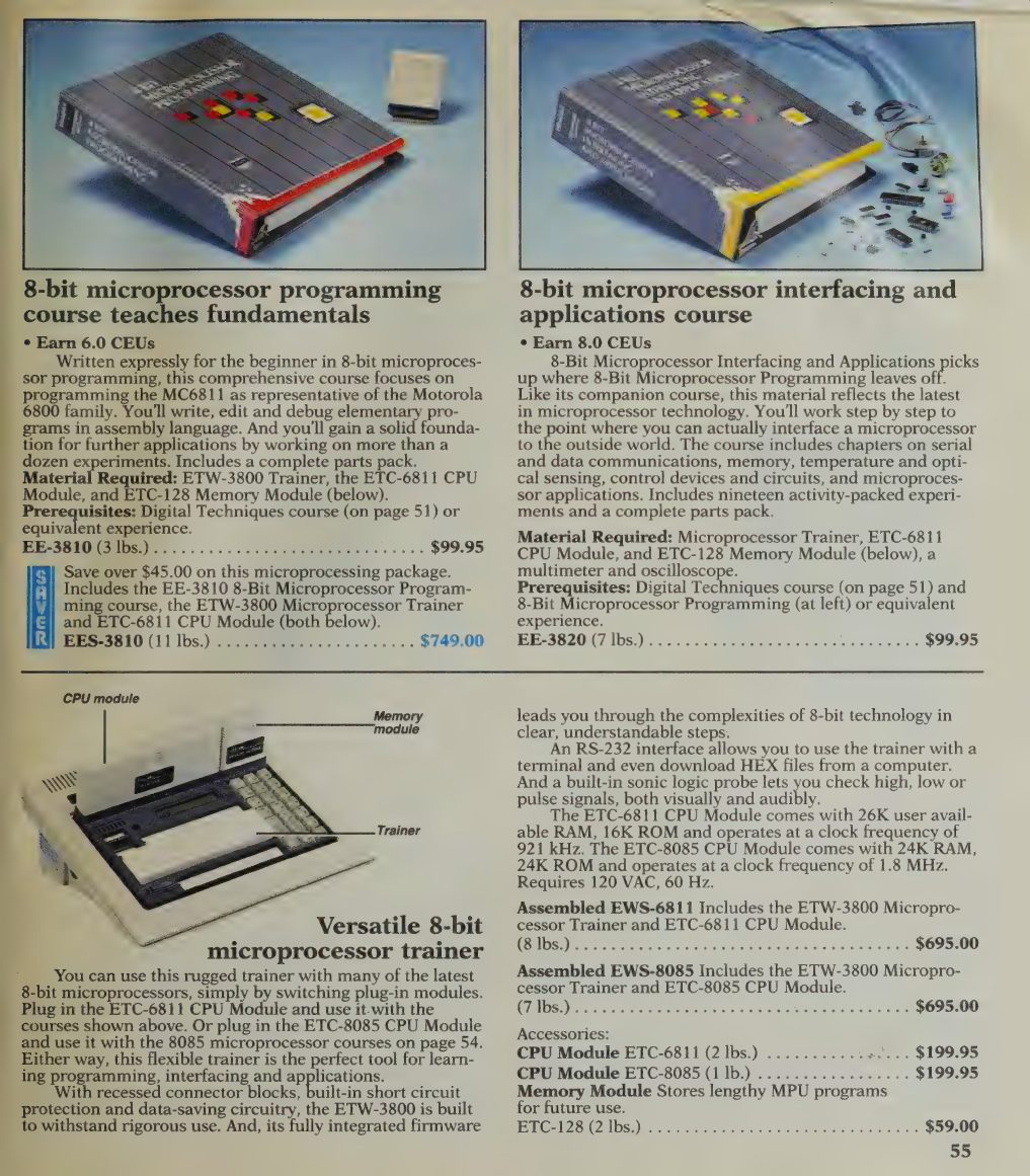 Figure 13 — Winter 1991: the 8-bit microprocessor programming and interfacing courses and the ETW-3800 "Versatile 8-bit microprocessor trainer", which accepted the ETC-6811 (68HC11) or ETC-8085 CPU modules; $6…
