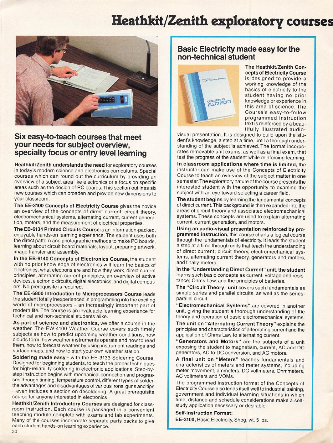 Figure 2 — "Heathkit/Zenith exploratory courses", about 1980–81: six "easy-to-teach courses" for entry-level students: EE-3100 Concepts of Electricity, EB-6134 Printed Circuits, EB-6140 Concepts of Electronic…