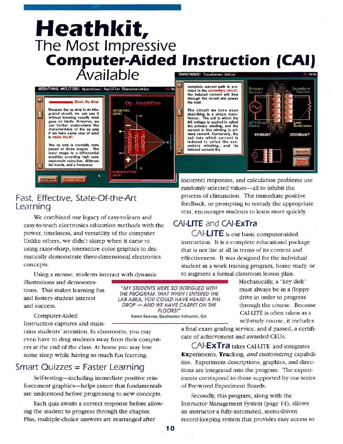 Figure 4 — "Heathkit, The Most Impressive Computer-Aided Instruction (CAI) Available", 1993–94: screens from the CAI lessons on op amps and transformers, and the CAI-LITE and CAI-ExTra packages. An electronic…