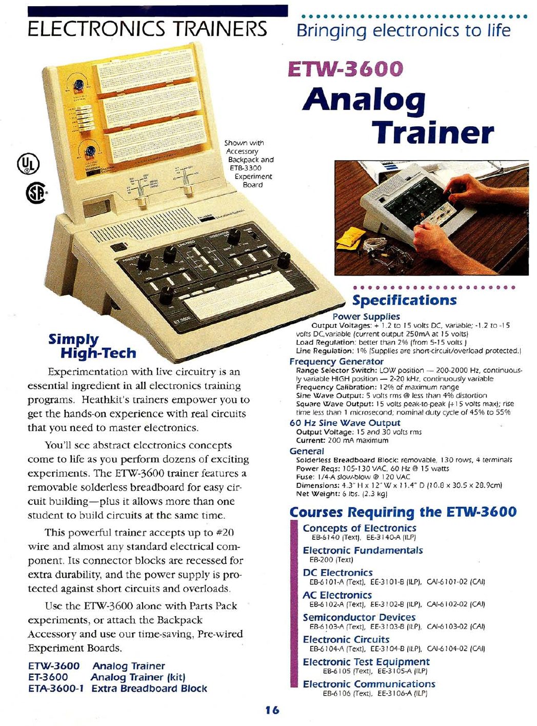 Figure 5 — "ETW-3600 Analog Trainer — Simply High-Tech", 1993–94: the assembled trainer with the ETW-3567 Backpack and an ETB-3300 experiment board, its specifications, and the list of courses that required i…