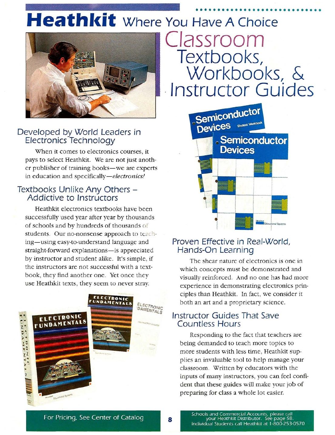 Figure 3 — "Heathkit — Where You Have A Choice": classroom textbooks, workbooks and instructor's guides, from the 1993–94 catalogue. The Electronic Fundamentals and Semiconductor Devices books shown are the c…