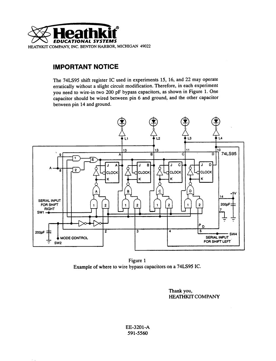 Figure 3 — "Important Notice" inserted in the 1998 printing of the Digital Techniques course (EE-3201-A, part 591-5560), from Heathkit Company, Inc., Benton Harbor: the 74LS95 shift register in experiments 15…