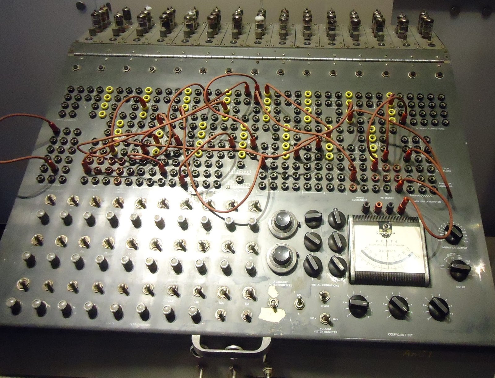 Figure 2 — A Heath Electronic Analog Computer on display at the Computer History Museum, Mountain View, patched for a problem, with its row of tube amplifiers along the top. The analog computers were Heath's …