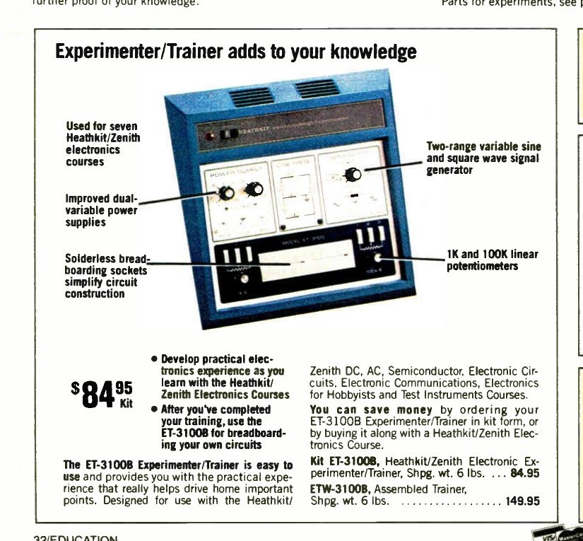Figure 8 — The ET-3100B's first catalogue appearance, Christmas 1982: $84.95 as a kit, $149.95 assembled, "used for seven Heathkit/Zenith electronics courses". The call-outs name the functions a buyer was pay…