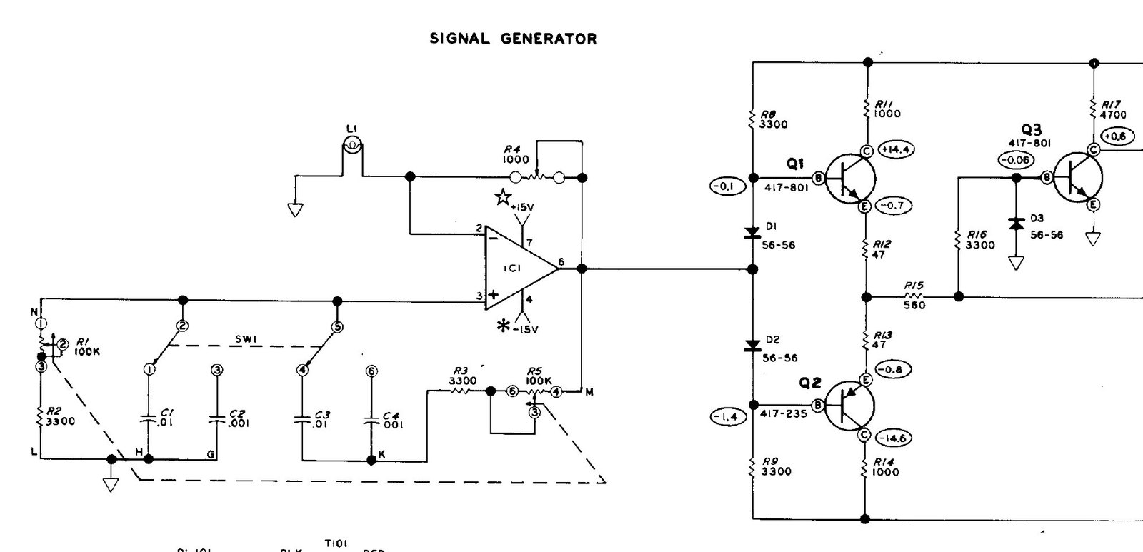 Figure 5 — The signal generator as Heath drew it. IC1 is the 741; L1, the lamp, runs from pin 2 to ground, and R4, a 1 kΩ trimmer, is the feedback control set during test. SW1 switches both capacitor arms: 0.…