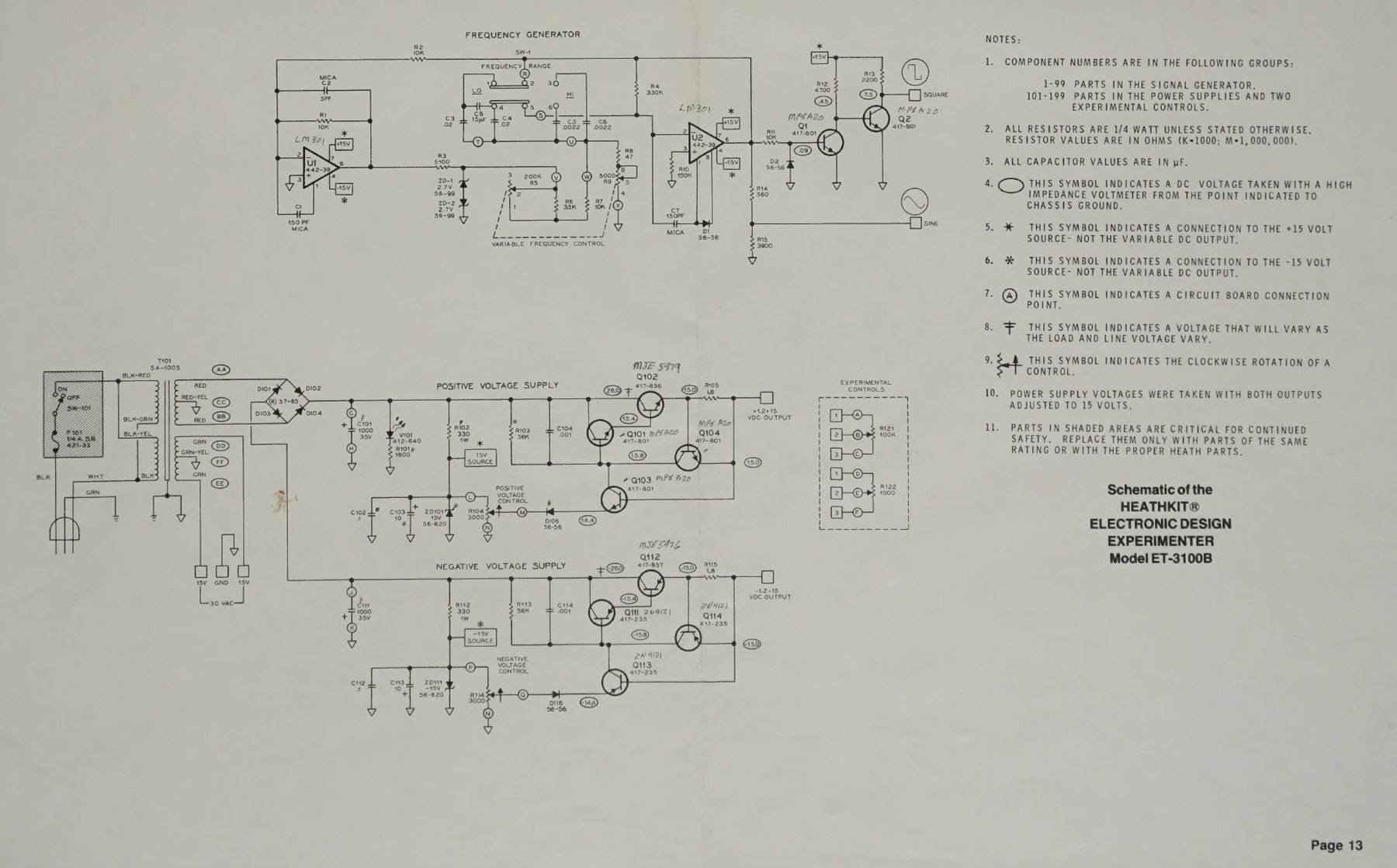 Figure 8 — The complete ET-3100B schematic. Across the top, the two-LM301 generator; in the middle and bottom, the positive and negative supplies with their heat-sinked pass transistors (MJE5979, MJE5976); at…