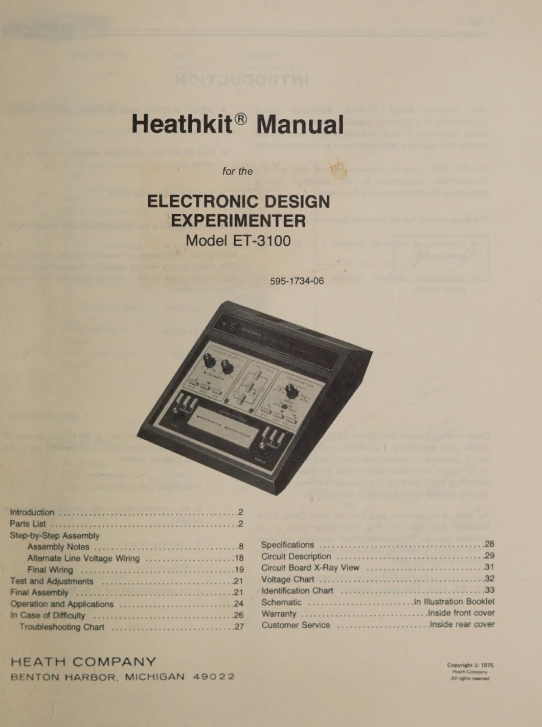 Figure 1 — The title page of the original ET-3100 manual, 595-1734-06, with its table of contents: assembly on pages 8–23 (including "Alternate Line Voltage Wiring" and "Final Wiring"), test and final assembl…