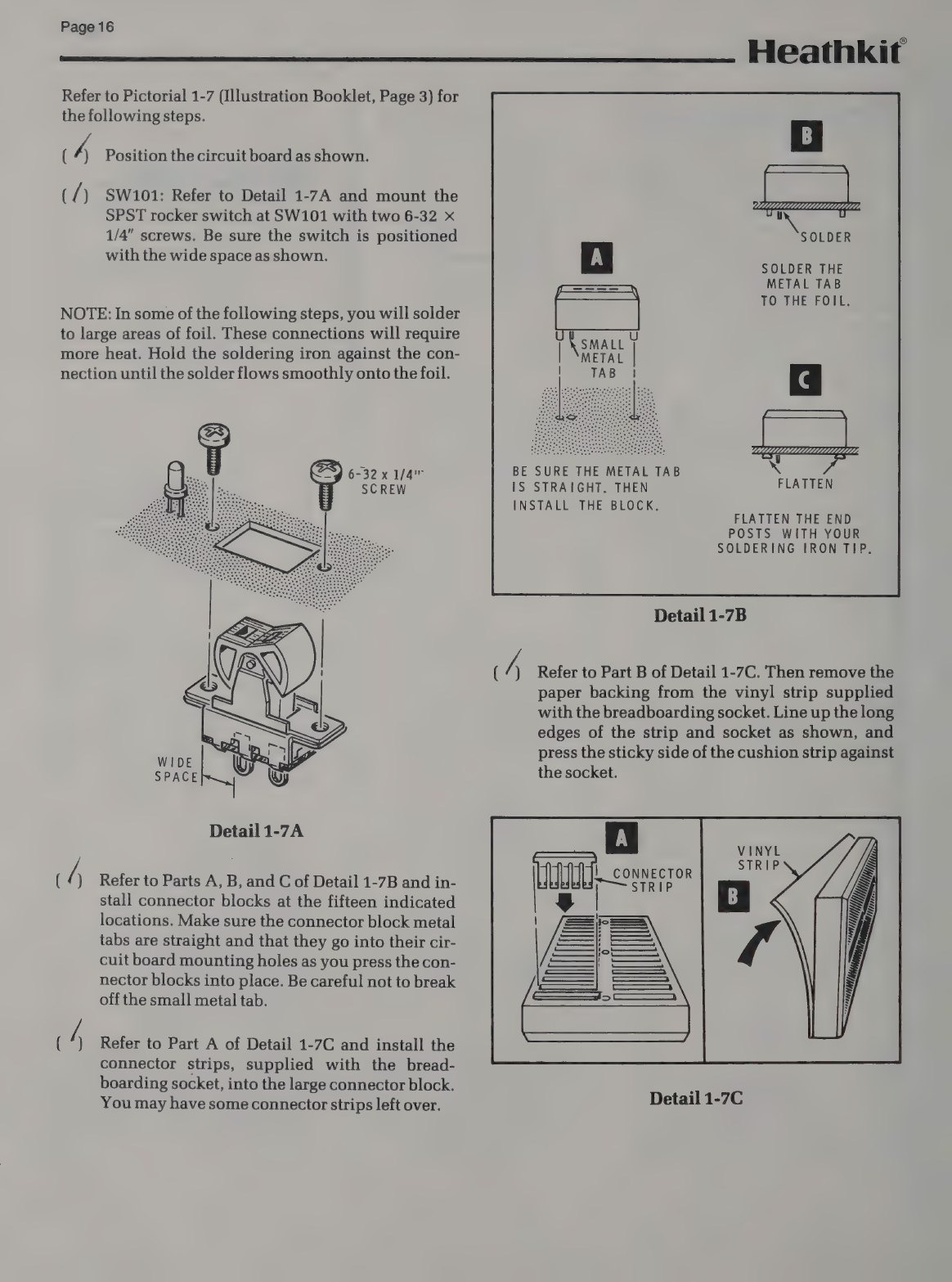 Figure 7 — Page 16 of the ET-3100B manual: mounting the rocker switch (Detail 1-7A), installing the connector blocks with their tabs soldered and end posts flattened (Detail 1-7B), and building the breadboard…