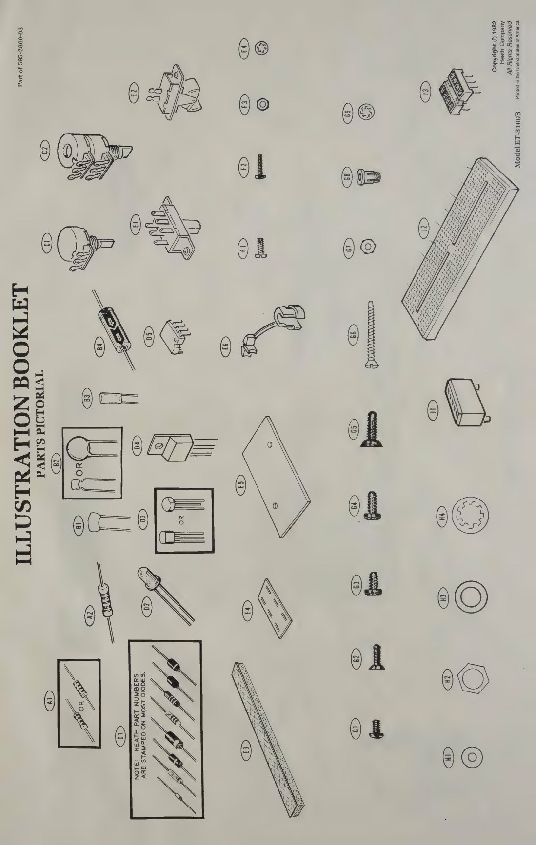 Figure 3 — The Parts Pictorial from the ET-3100B's Illustration Booklet, used to identify every item against the parts list: the breadboarding socket and its contact strips, connector blocks, knobs and bushin…