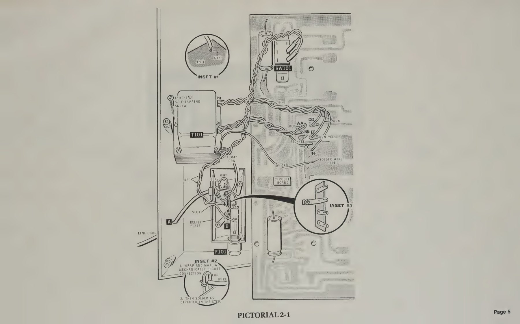 Figure 9 — Pictorial 2-1 of the ET-3100B, showing the board foil-side up beside the cabinet bottom: the transformer, the moulded mains box with its terminal strip and fuse holder, the line cord's strain relie…