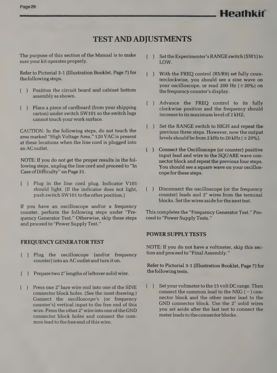 Figure 10 — "Test and Adjustments" in the ET-3100B manual: the frequency-generator test (with oscilloscope or counter) and the power-supply tests, all made through two-inch pieces of solid wire pushed into the…
