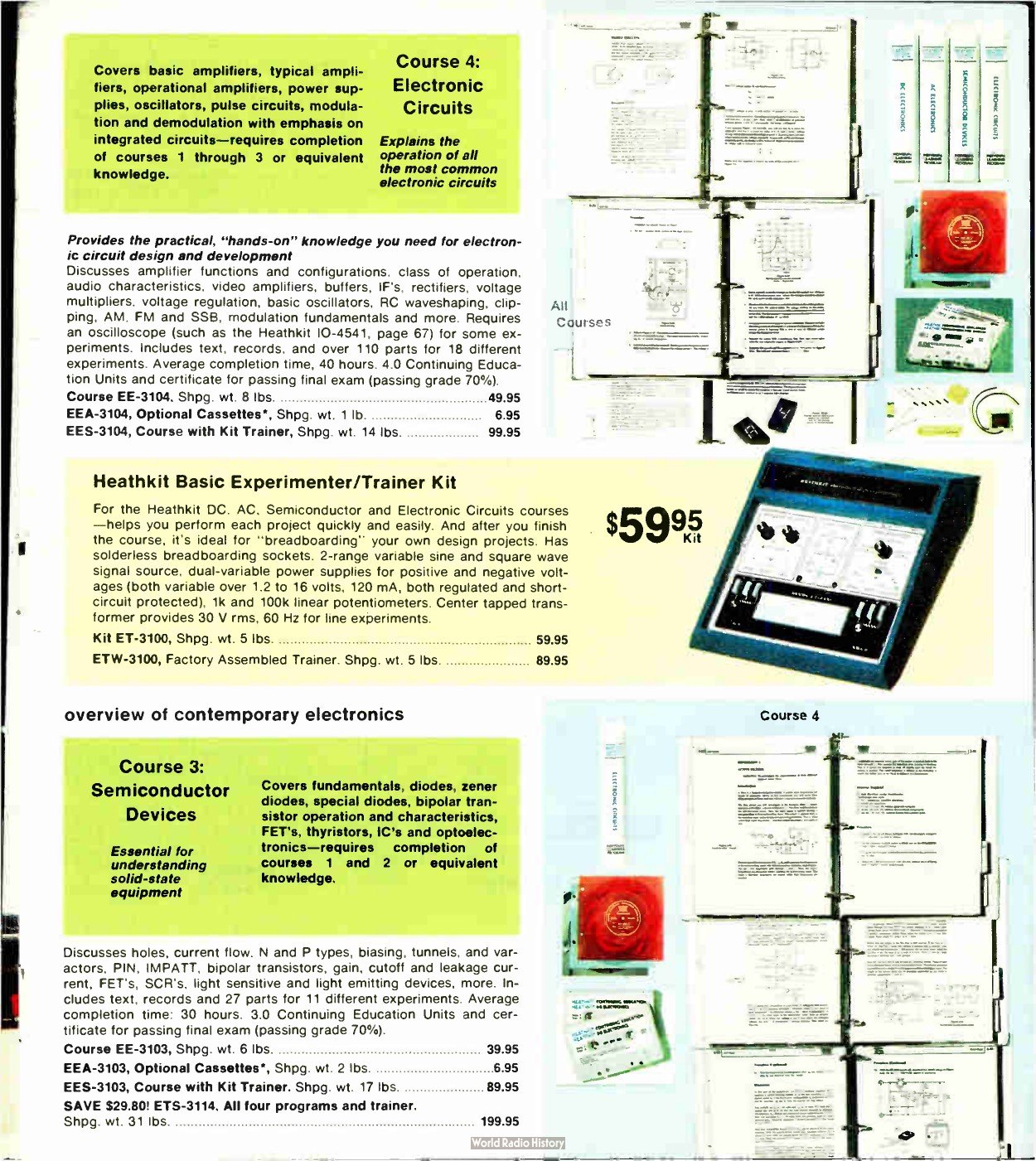 Figure 4 — Fall 1977: Course 4, Electronic Circuits ($49.95, 18 experiments, "over 110 parts", 4.0 CEU), and Course 3, Semiconductor Devices ($39.95). The photographs show the binder pages (text, diagrams and…