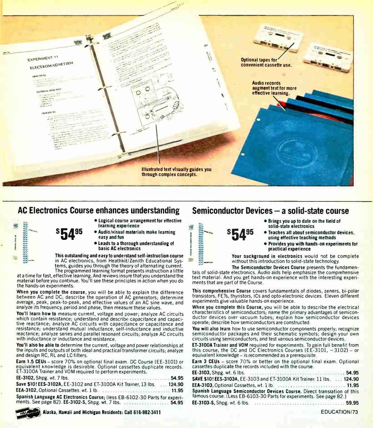 Figure 5 — The AC Electronics and Semiconductor Devices courses in Winter 1981–82, each $54.95, or $124.90 with the ET-3100A kit. The illustration shows a binder open at "Experiment 11, Electromagnetism", the…