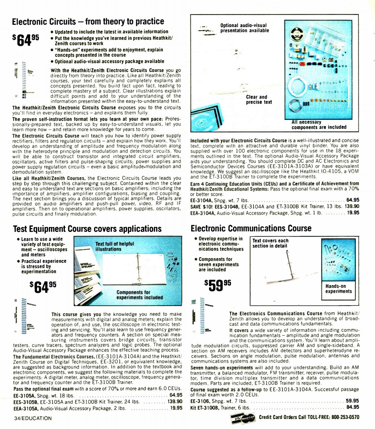 Figure 6 — Christmas 1982: the revised EE-3104A Electronic Circuits ($64.95), EE-3105A Test Equipment ($64.95) and EE-3106 Electronic Communications ($59.95), all recommending the new ET-3100B. The Communicat…