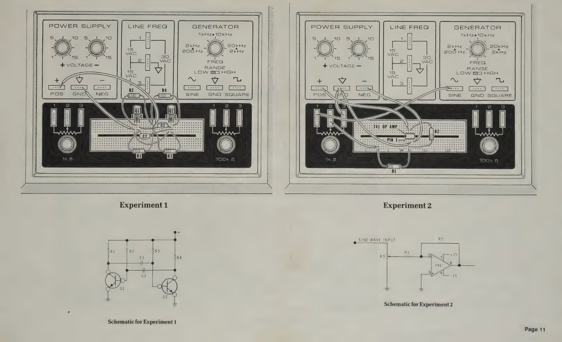 Figure 2 — The two example circuits in the ET-3100B manual, drawn as wired on the panel with their schematics below. Experiment 1 is the astable multivibrator; Experiment 2 is a 741 amplifier whose input come…