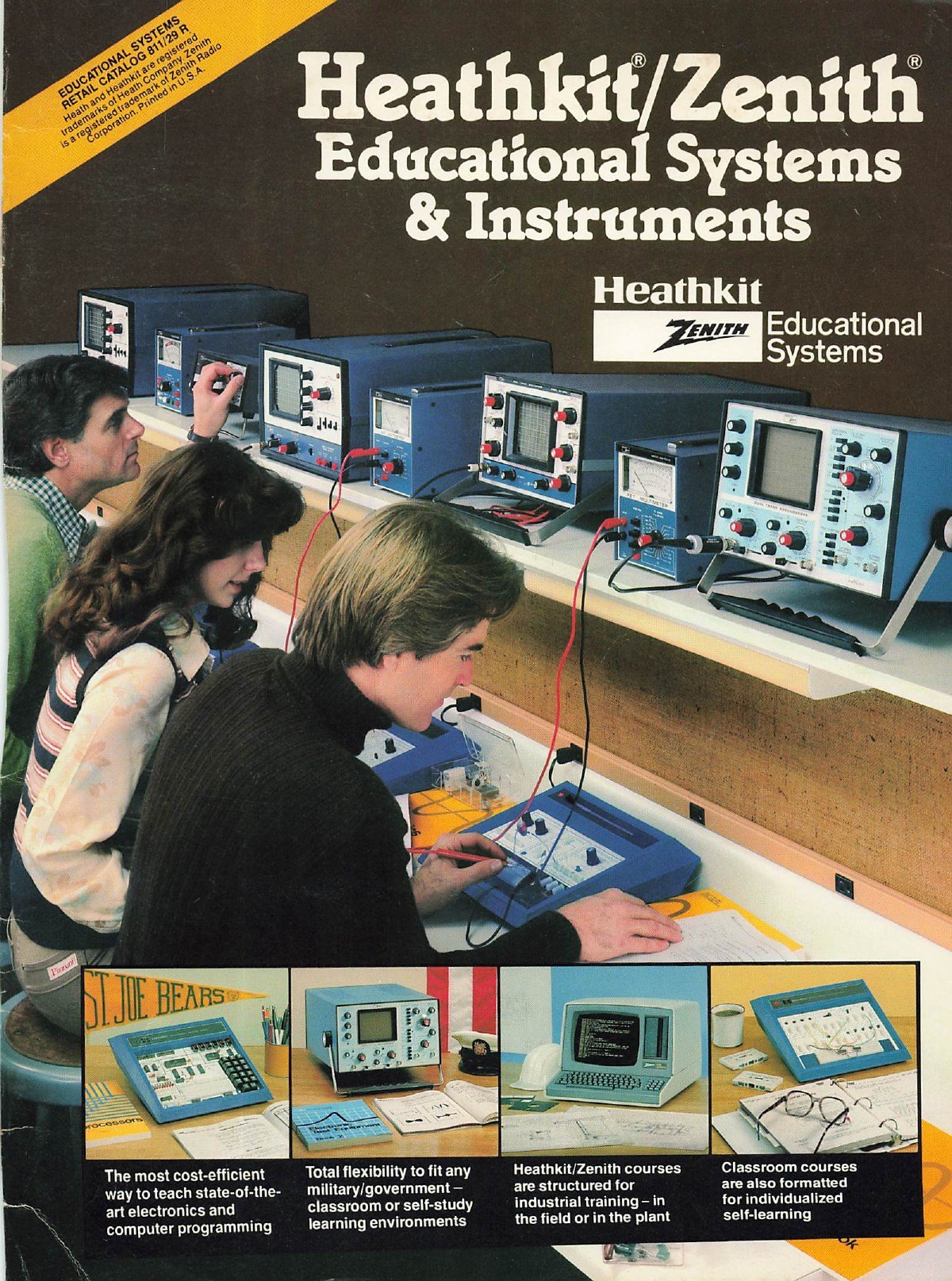 Figure 7 — The Heathkit/Zenith Educational Systems & Instruments catalogue (retail catalogue 811-29R): students at a bench of Heath instruments, with an ET-3100 in front of the student at centre. Filed by Wor…