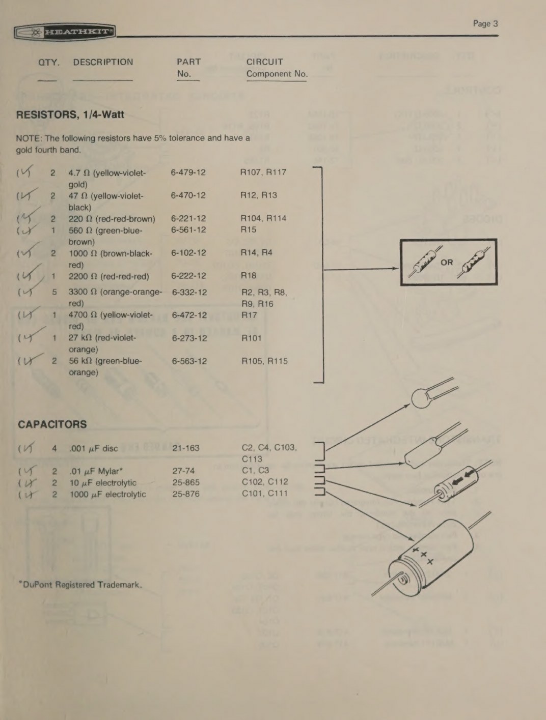 Figure 5 — The first page of the original ET-3100 parts list, resistors and capacitors, with a builder's check marks in the margin. Each line gives quantity, description, Heath part number and circuit compone…