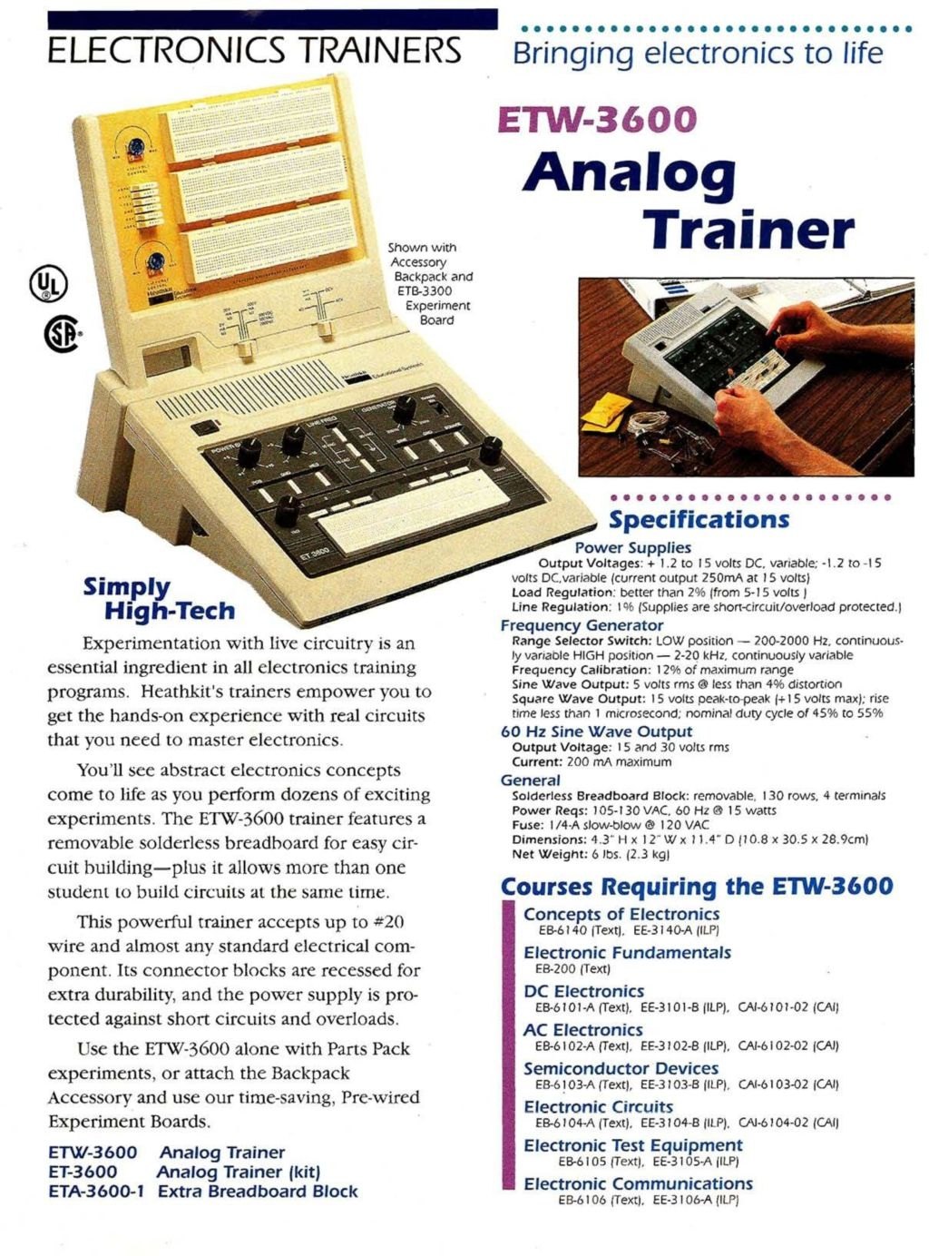 Figure 6 — The ETW-3600 Analog Trainer in a Heathkit Educational Systems catalogue page, shown with the Accessory Backpack and ETB-3300 experiment board, its specifications, and the list of "Courses Requiring…