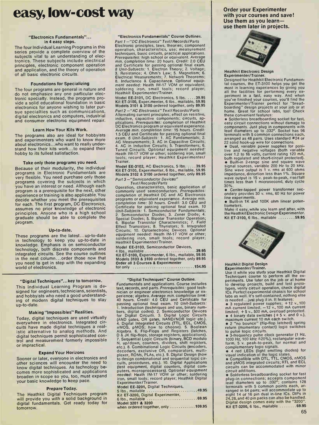Figure 2 — The third page of Heath's four-page launch of its home-study courses, Christmas 1975. The left and centre columns give the outlines of the three Electronics Fundamentals courses and the Digital Tec…
