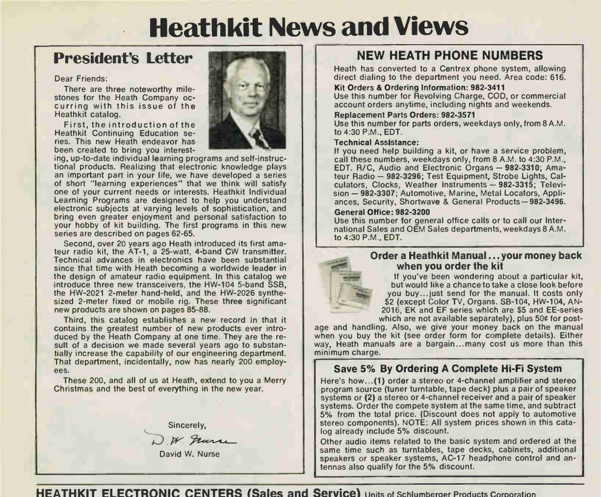 Figure 3 — David W. Nurse's President's Letter in the Christmas 1975 catalogue. Its first paragraph announces the Heathkit Continuing Education series and its "Individual Learning Programs", described on page…