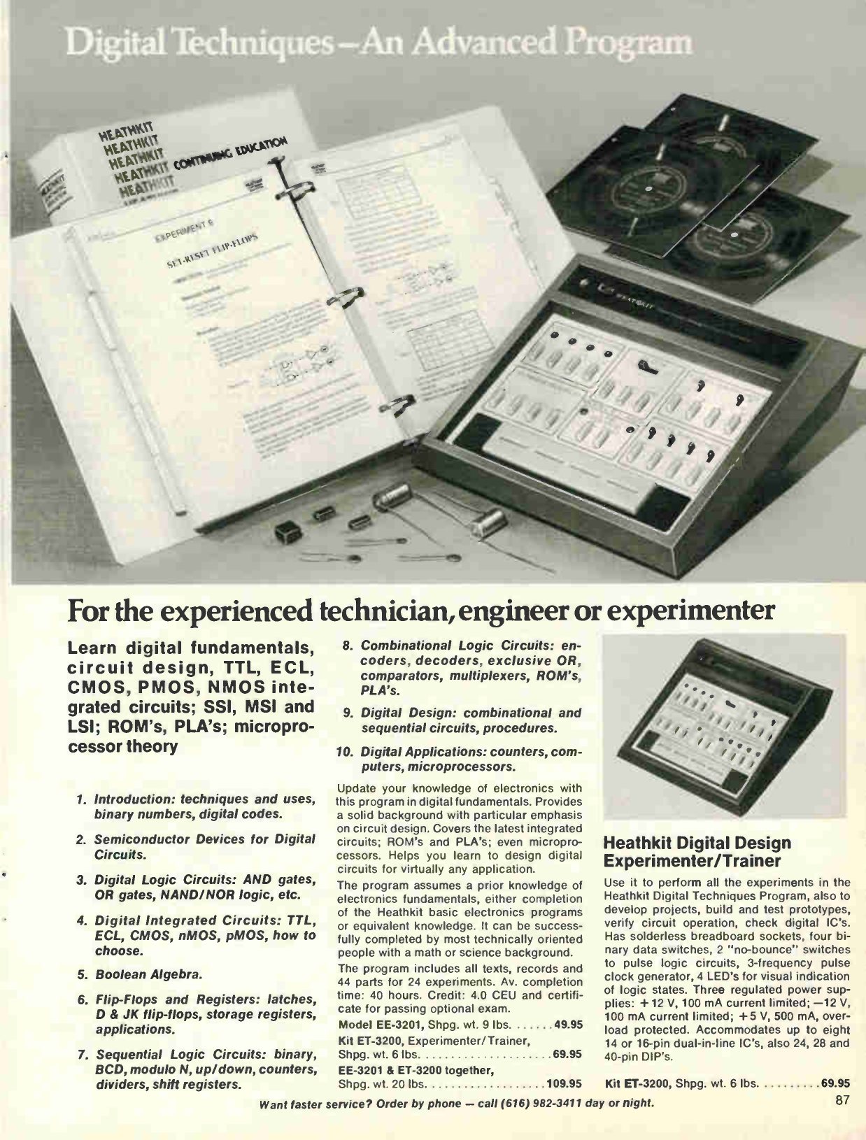 Figure 7 — "Digital Techniques—An Advanced Program": the Spring 1976 catalogue's page for EE-3201 and the ET-3200. The ten-unit course outline runs down the left; the trainer, still $69.95, is at lower right,…