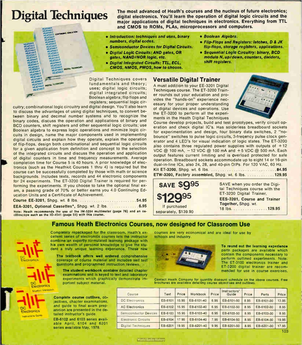 Figure 9 — Spring 1978, after the first price rise: "Versatile Digital Trainer" at $84.95 kit or $129.95 assembled, the course at $54.95, and the pair as EES-3201 for $129.95. The green panel at the foot intr…