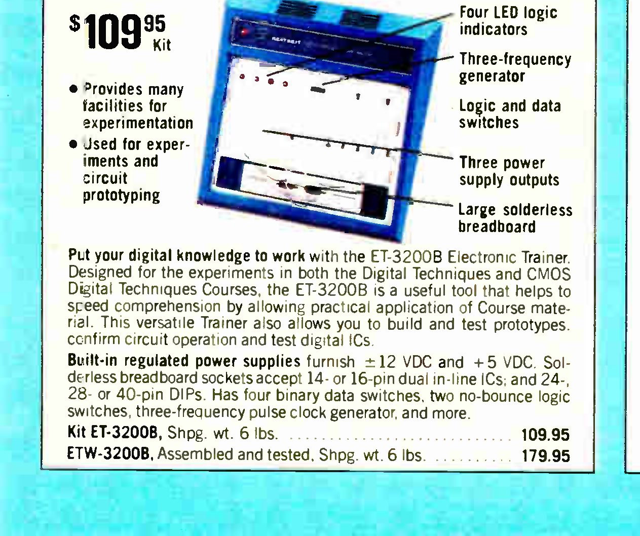 Figure 12 — The ET-3200B in the Fall 1985 catalogue: $109.95 as a kit, $179.95 assembled as the ETW-3200B, "designed for the experiments in both the Digital Techniques and CMOS Digital Techniques Courses".