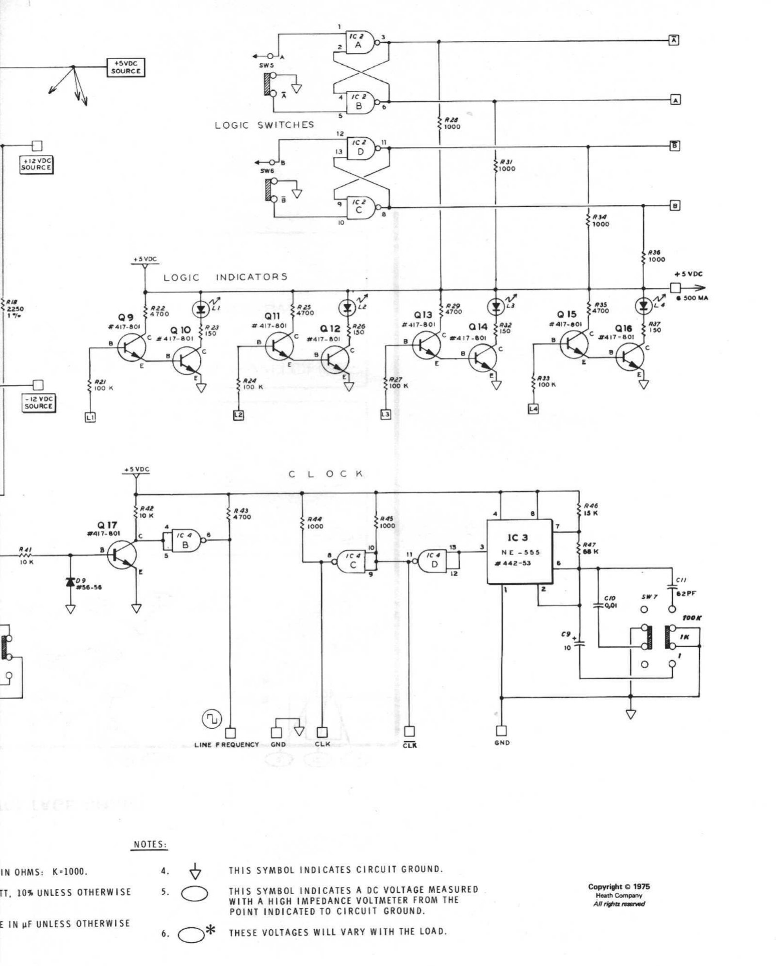 Figure 3 — Right half of the schematic: the two cross-coupled NAND latches of the logic switches (IC2, SN7403) with their 1 kΩ pull-ups, the four identical two-transistor LED drivers, the line-frequency squar…
