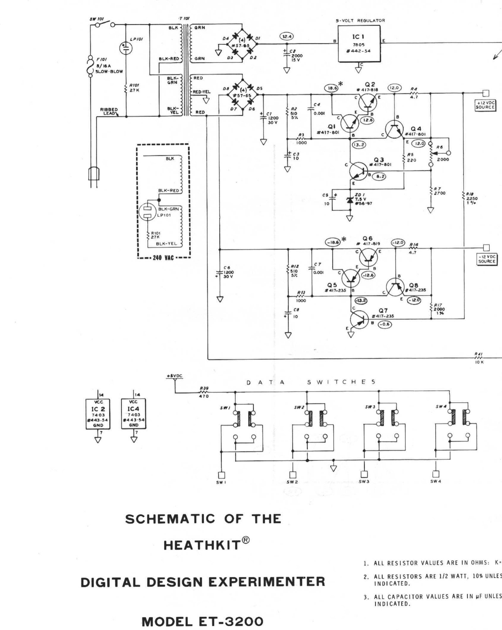 Figure 2 — Left half of the ET-3200 schematic: the line switch, fuse, neon pilot and dual-primary transformer with its 240-volt connection boxed in dashes; the +5 V bridge and 7805; the two discrete ±12 V reg…